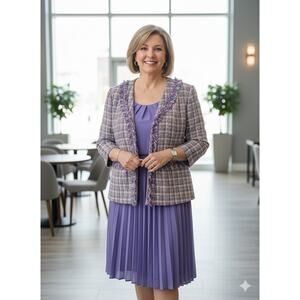 Allison Woods Purple‎ Plaid Tweed Fringe 2-Piece Jacket & Dress Set Womans 30W